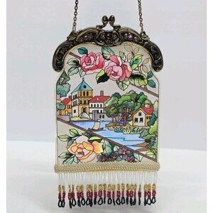AMIA Hand Painted Stained Glass Purse Shaped Suncatcher Floral Old Town Fringed
